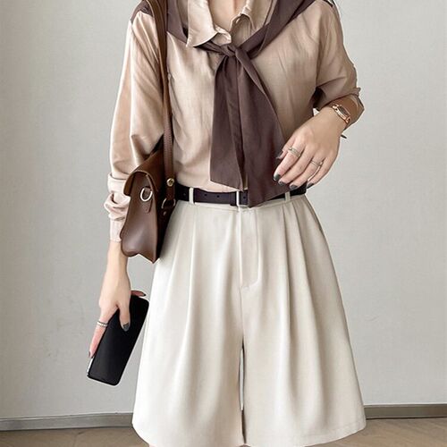 Summer High Waist Wide Leg Short Pants Women Straight Beige