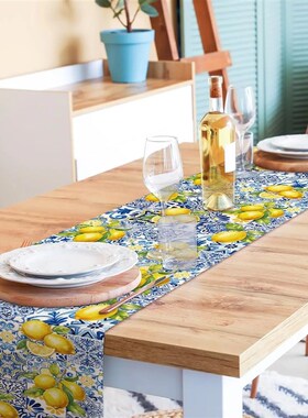 Summer Lemon Tiles Linen Table Runner Holiday Party Decor Re