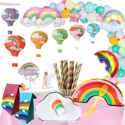 1Set Rainbow Tableware Plates Paper Cup Tablecloth Straw Rai