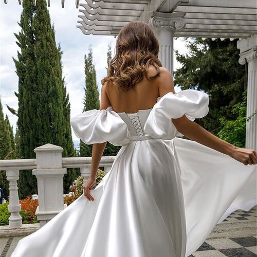 Removable Puff Sleeve Satin Wedding Dress High Slit Side A-l