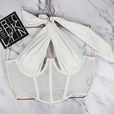 Cross Halter Corset Bustier Mesh Bone Tank Tops Women小背心