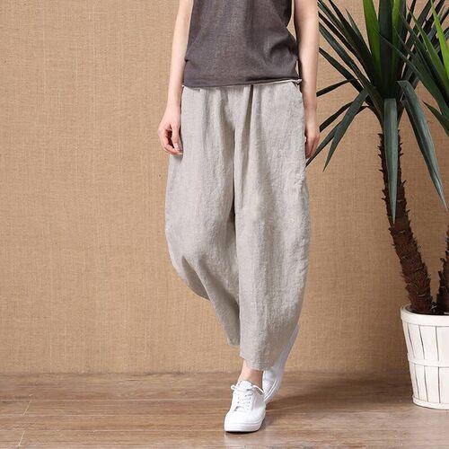 ShiMai Womens Cotton Linen Pants Elastic Waist Vintage Trou