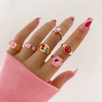 Pink Acrylic Butterfly Knuckle Ring Set For Women Crystal En
