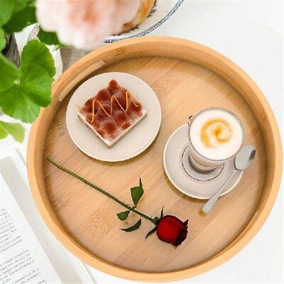 Round Serving Tray With Handles - Wooden Bamboo Circle Tray