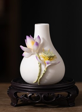 陶瓷仿真手工捏花莲花瓷花花瓶家居客厅办公室桌面装饰品荷花摆件