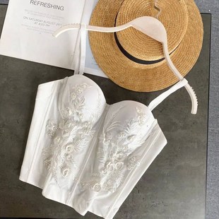 Women White Beading Corset Crops Vintage Palcae Embroidery B