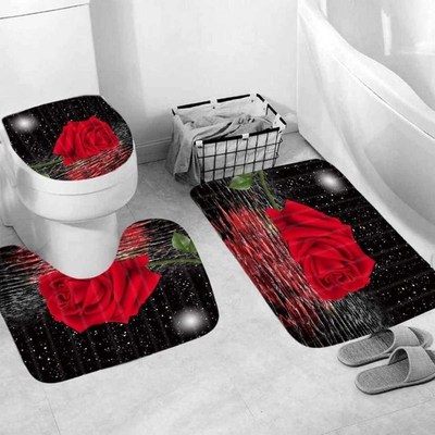 Rose Print Shower Curtain Set Bath Mats Rugs Bath Screens 3d