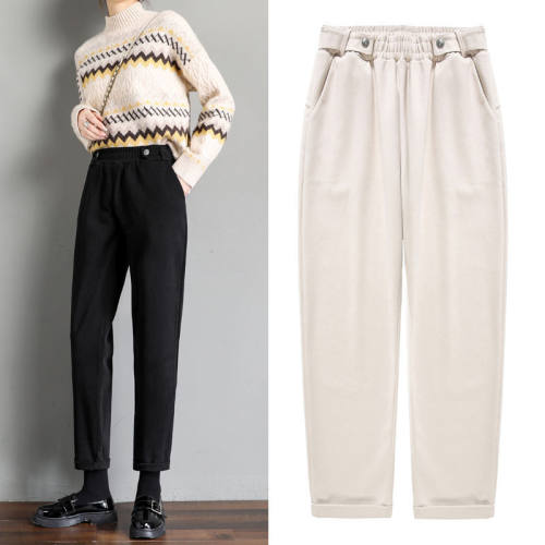 Women Woolen Pants Autumn Winter 2021 New Casual Solid Elast