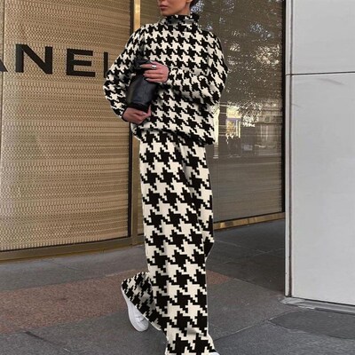 Autumn Turtleneck Long Sleeve Top Wide Leg Pant Two Piece Se