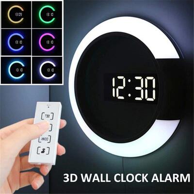 3D LED Wall Clock Digital Table Clock Alarm Mirror Hollow Wa