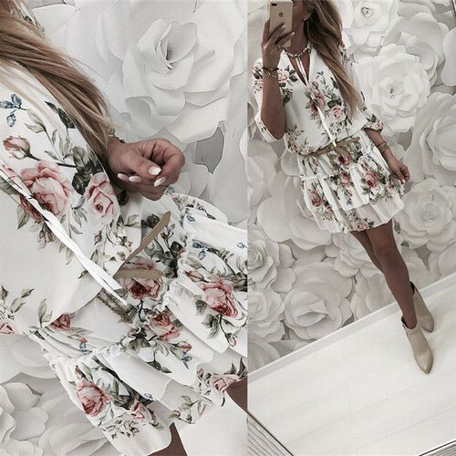 Vintage Womens Wrap Summer V-Neck Boho Floral Print Dress E