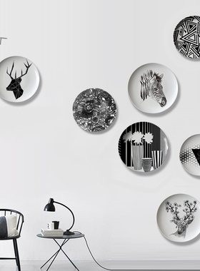 黑白色系挂盘装饰盘子陶瓷餐厅墙上面壁饰客厅工艺摆件瓷盘定制
