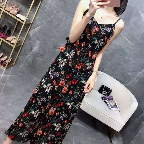 Gentle Strap Dress Floral Chiffon Summer Large Size Womens