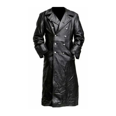 Maxi Long Leather Windbreaker for Men Double Breasted Leathe