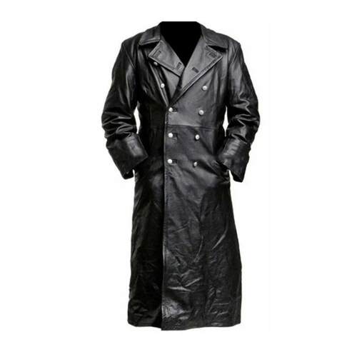 Maxi Long Leather Windbreaker for Men Double Breasted Leathe