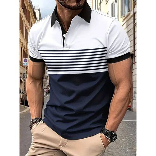 Mens fashion short -sleeved striped stamps shan casual lape