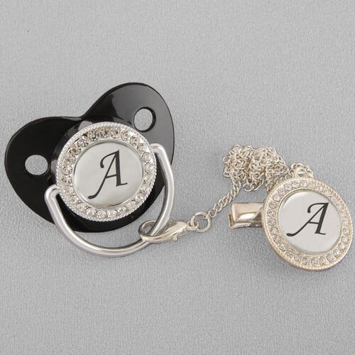 Silver 26 Name Initial Letters Black Baby Pacifier With Clip
