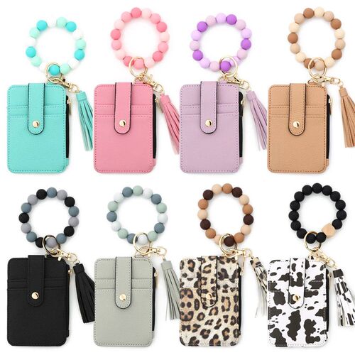 2025 Silicone bead pu leather key chain wristlet id credit c
