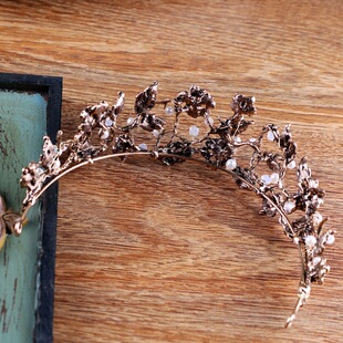 Vintage Baroque Gold Pearl Leaf Bridal Tiara Crystal Crown H