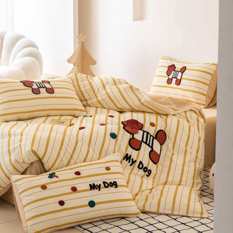 多巴胺条纹小狗60支纯棉毛巾绣四件套全棉被套床单三件套学生床品