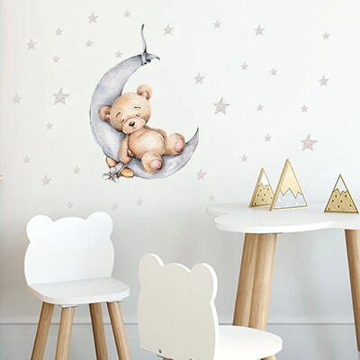 Tiny Cute Luminous Wall ers Teddy Bear on the Moon Stars Glo