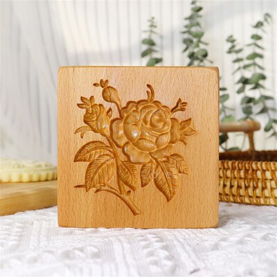 1PC Wood Cookie Mold with Rose Flower Patterns, Christmas 3D