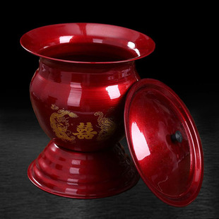 婚庆用品铁痰盂子孙桶红色高脚痰盂红色 带盖子夜壶尿壶结婚陪嫁