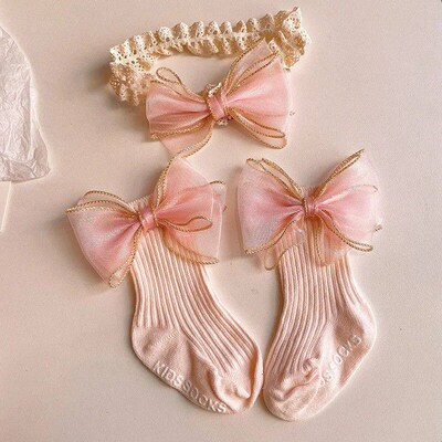 2pcs Bow Lace Baby Socks Newborn Cotton Baby Girls Sock Head