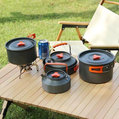 Foldable picnic cookware set kettle pan soup pot stove