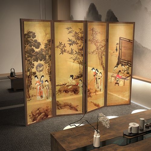 《仕女图》中式复古典屏风隔断客厅装饰玄关茶室背景移动原木折屏