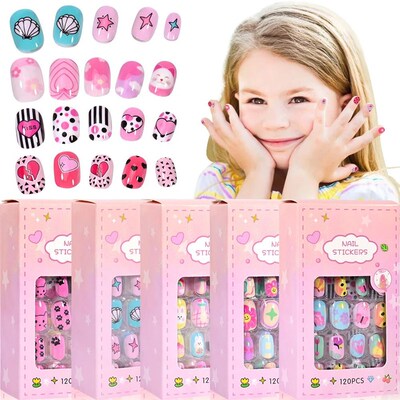 120Pcs Childrens Press on Nails Kids Cartoon Acrylic Fake N