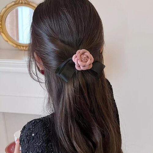 Camellia Bow Hairpin Side Clip for Half Ponytail Duckbill Cl