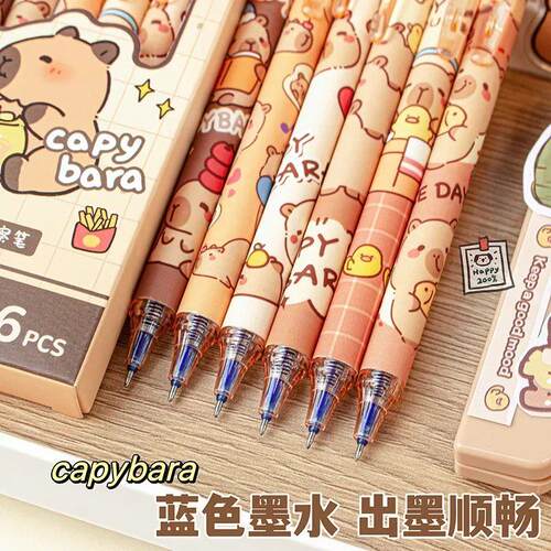 6Pcs Kawaii Capybara Erasable Gel Pen with Eraser Blue Ink Q