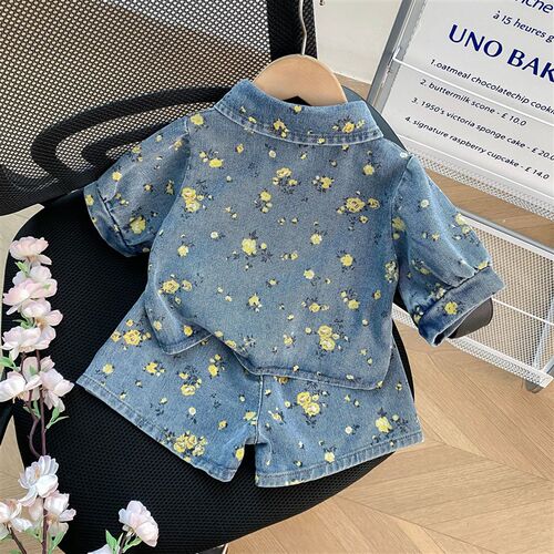 Summer Kids Fashion Printed Denim Shorts Tee Set 77129 for T