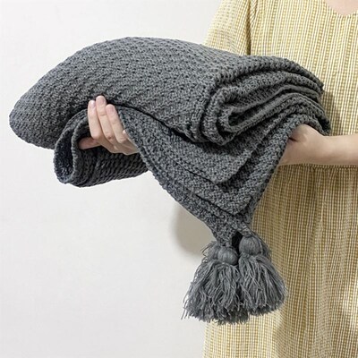Nordic Knitted Blanket Soild Color Sofa Throw Blanket Tassel
