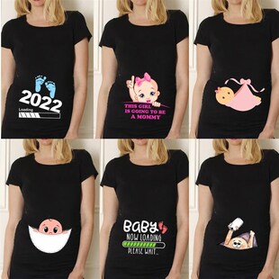Black Pregnancy Shirt Maternity Cute Baby Print O-Neck Short