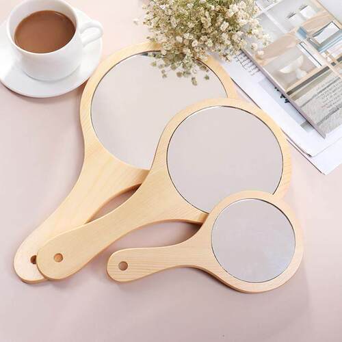 Round Wood Vintage Hand Mirror Makeup Vanity Mirror Portable