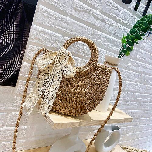 Handmade Half-Round Rattan Woven Straw Bag Summer Women Mess