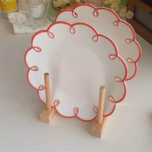 Red Lace Plate Vintage Ceramic Dessert Cake Disc Household