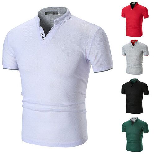 Mens Summer Plain Cuff Stand Collar Half Collar Polo Shirt T