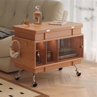 实木折叠旋转边几樱桃木可移动沙发边柜侧边柜展示柜卧室床头柜