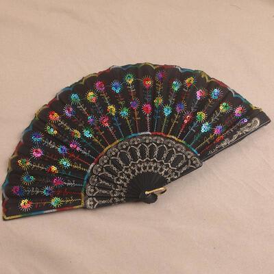 Chinese Japanese Folding Peacock Hand Fan sequin Dance Fan