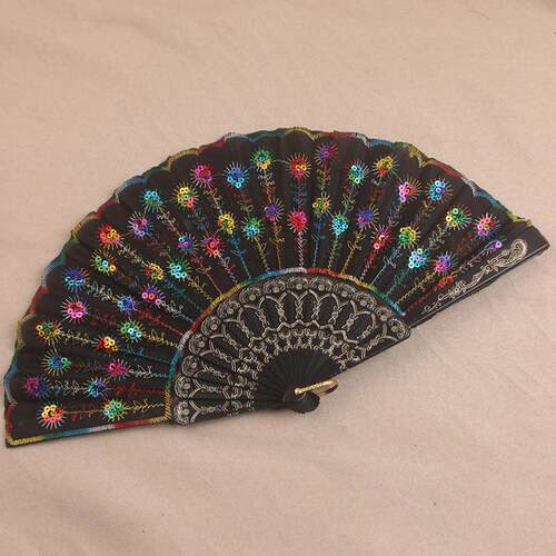 Chinese Japanese Folding Peacock Hand Fan sequin Dance Fan