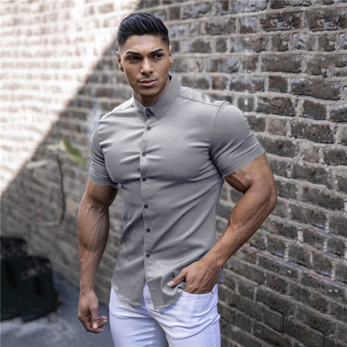 Summer Fashion Short Sleeve Shirt Men Super Slim Fit Male Ca
