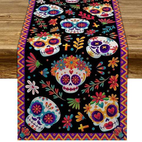 .Mexico Day of The Dead Table Runner Mexican Party Dining Ta