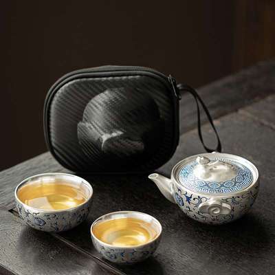 鎏银缠枝莲旅行茶具套装一壶二杯随身快客杯户外露营简易泡茶套装