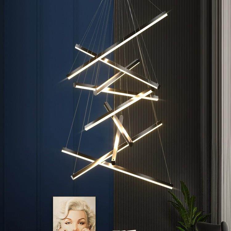 复式楼梯吊灯现代简约客厅别墅挑空极简创意个性长条黑色线条灯具,家装灯饰光源,智能吊灯,淘宝优惠券,粉丝福利购,淘宝优惠卷