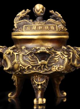 擦黑色铜九转乾坤鼎炉摆件 铜熏香炉摆件 铜双龙炉摆件