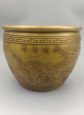 黄铜工艺品 仿古做旧年年有余浮雕鱼铜缸 家居装饰创意礼品
