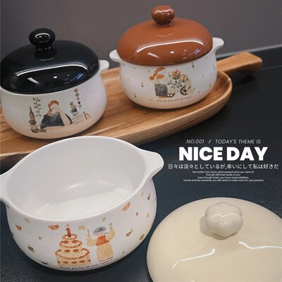 Steamed egg bowl, cute ceramic with lid, dessert baking bowl
